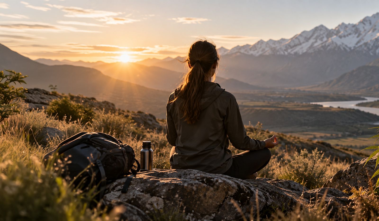 Persona meditando frente a la cordillera al atardecer