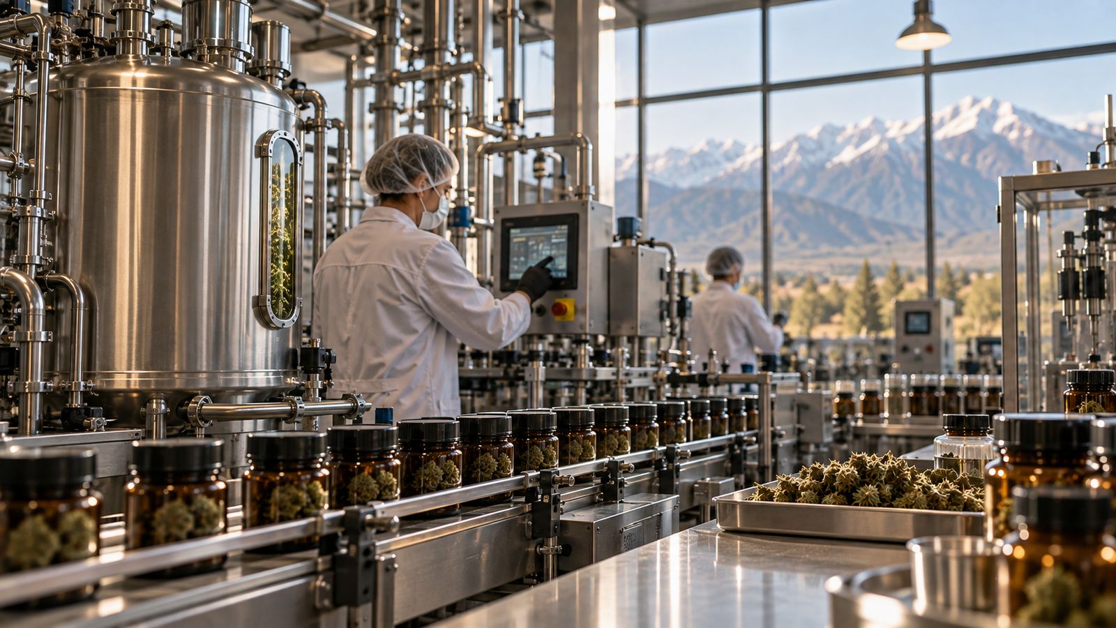 Línea de producción de cannabis medicinal con la cordillera de fondo